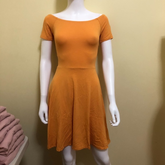 Mustard Off Shoulder with cross back mini dress - Picture 1 of 2